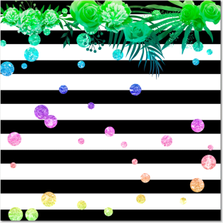 Neon Floral Neck Gator Black and White Stripe Neon Flowers Neon Bubbles Posters and Art